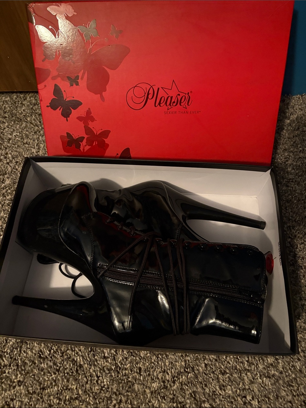 Pleaser Black Patent Lace-Up Stiletto Ankle Boots with Side Zip